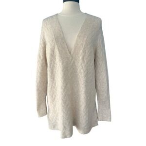 Chico's Herringbone Soft Pullover V Neck Ivory Sweater Med 2 Winter Academia